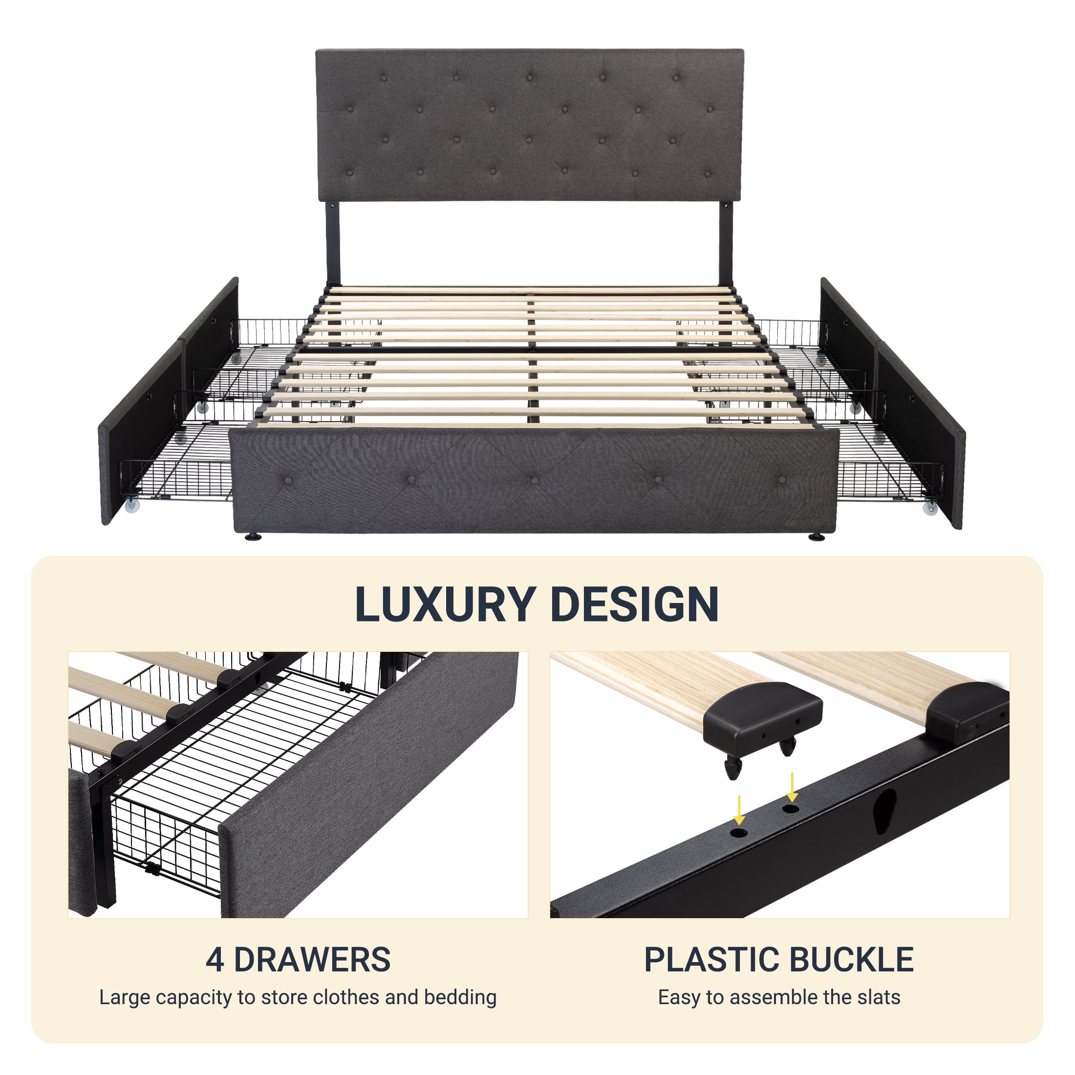 Sifurni King Size Upholstered Platform Bed Frame with 4 Drawers Storage and Diamond Stitched Button Tufted Headboard, Dark Grey