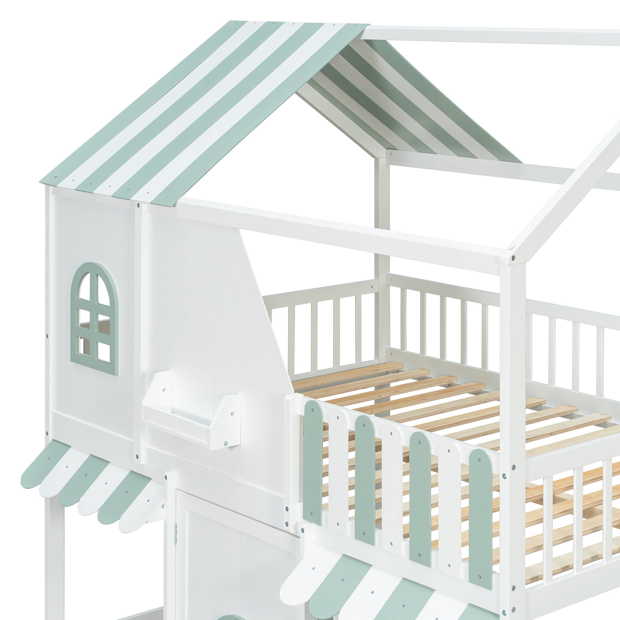 Leumius Full Over Full House Bunk Bed with Storage Staircase & Shelves, Wooden Kids Bunk Bed Frame with Playhouse Design, Roof & Door, Storage Steps and Open Shelving for Boys Girls White+Green