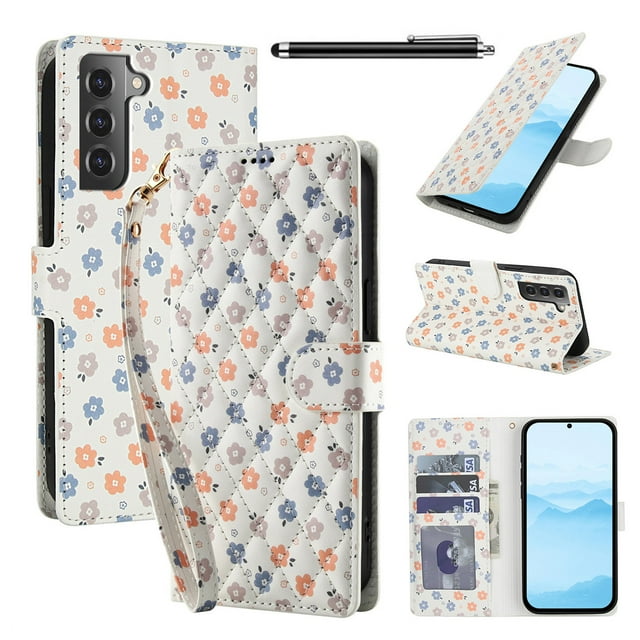 Wallet Case for Samsung Galaxy S21FE , PU Leather Phone Cover Kickstand RFID Blocking Flip Case Card Slots Wrist Strap Relief Engraved Pattern Magnetic With Stylus Pen, Colorful Flower