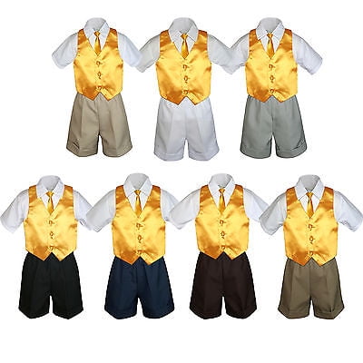4pc Set Boy Toddler Formal Gold Vest and Necktie Black Khaki Shorts S-4T