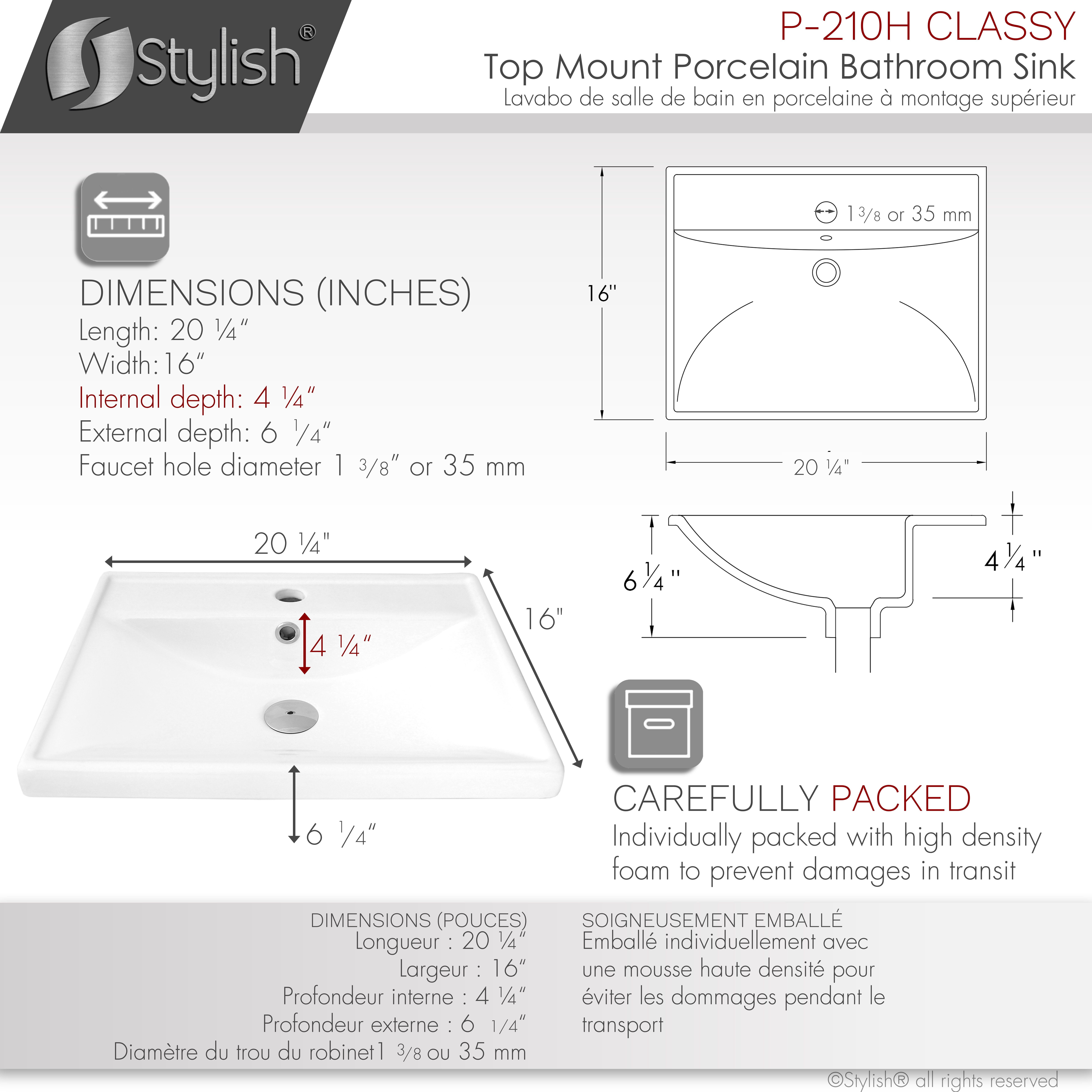 Stylish 20 ¼" White Porcelain Top Mount Rectangular Bathroom Sink with 2 Overflow Rings P-210H