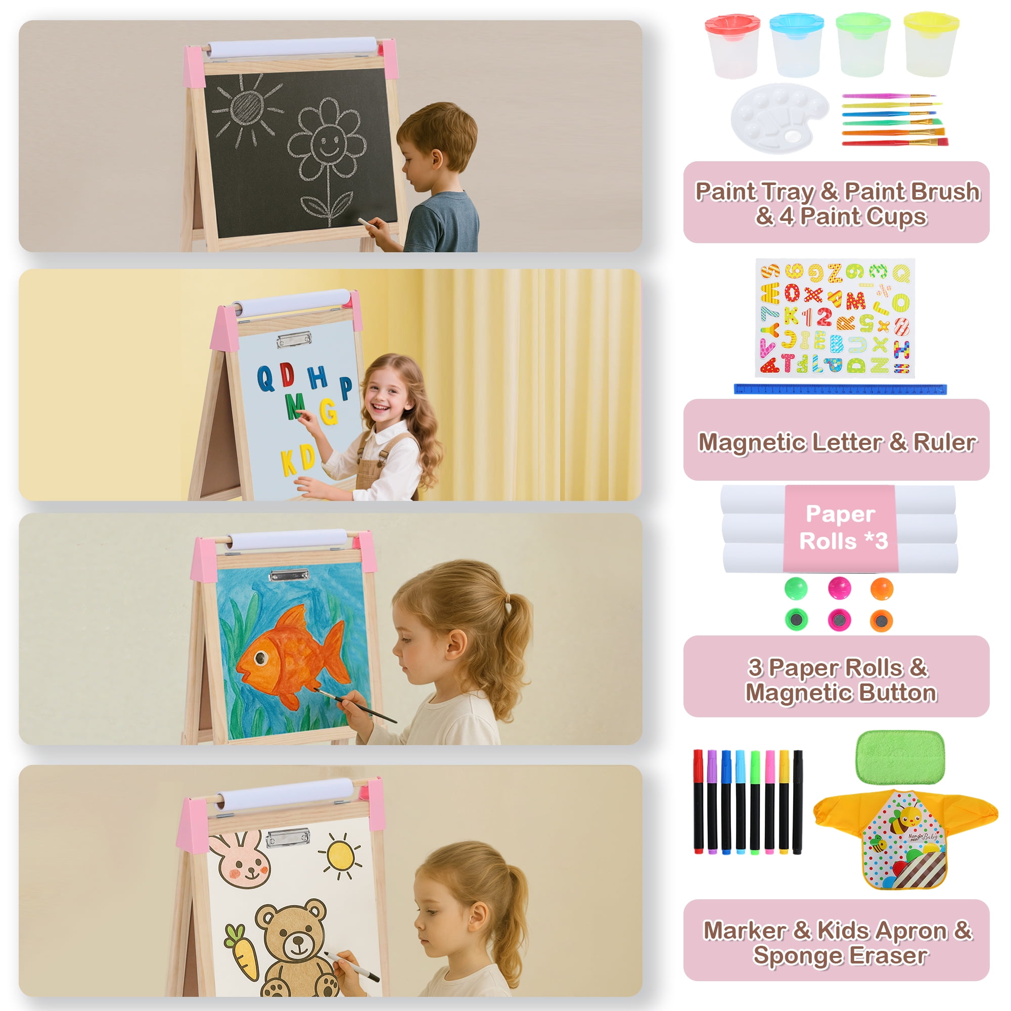 LINLUX Wooden Kid Easel for Paintings, Art Easel for Kid Double Side, Magnetic Whiteboard Chalkboard, Pink