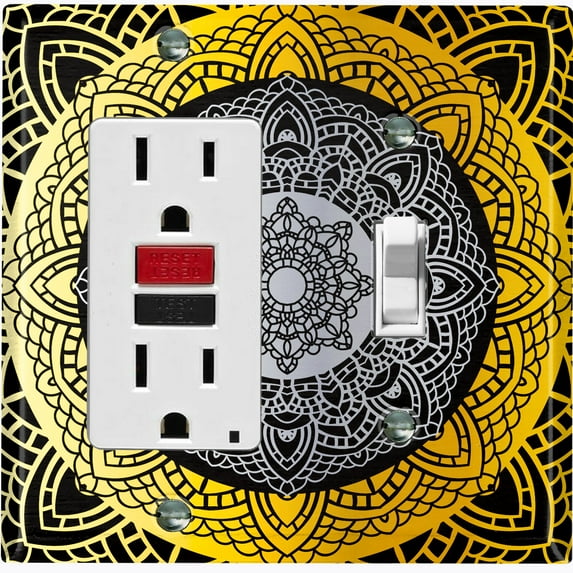 Metal Light Switch Plate Cover Yellow Black Mandala Circle Pattern MDL004