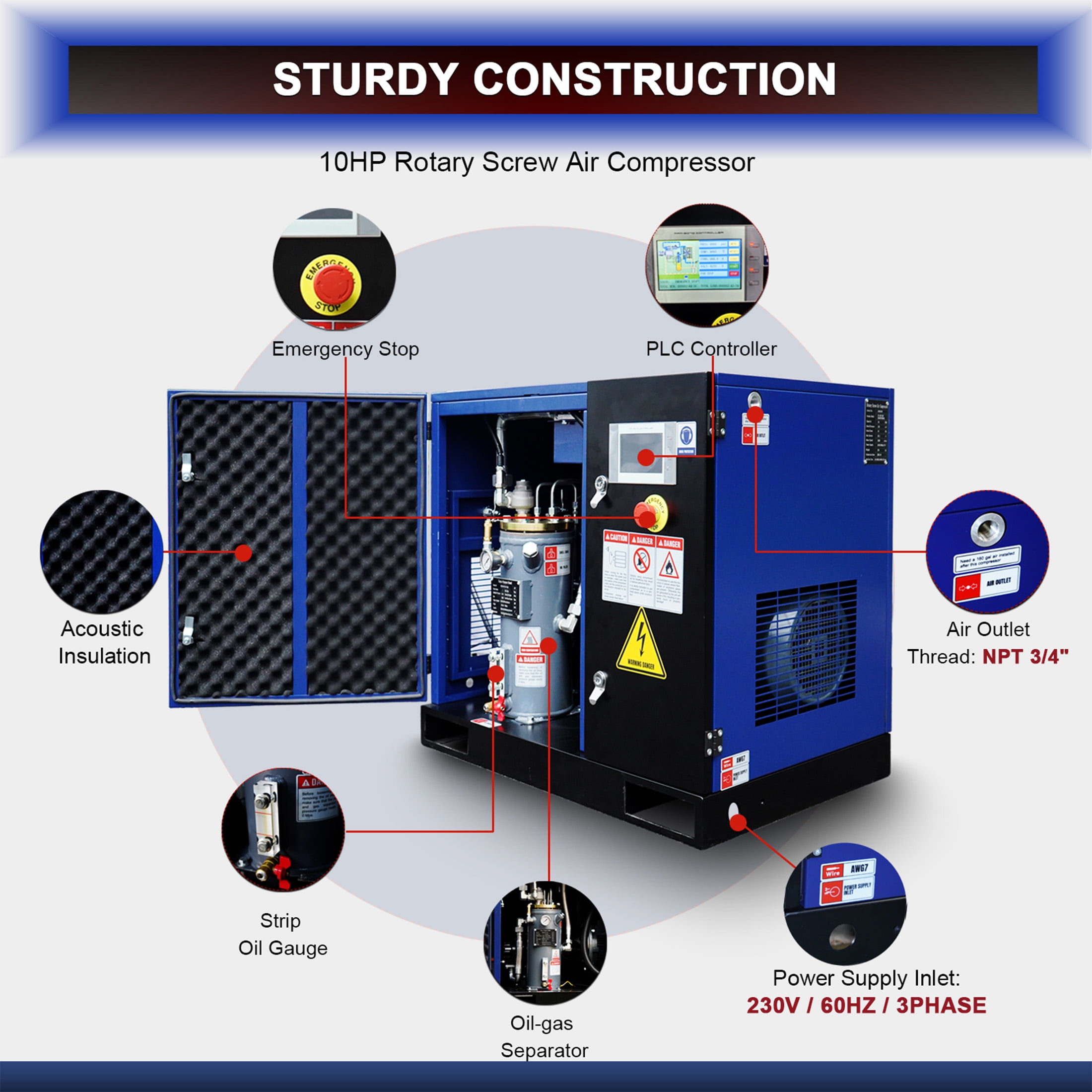 10HP Rotary Screw Air Compressor,  34CFM 125PSI, 230V 60Hz 3-Phase Variable Speed Frequency Industrial Air Compressor System, with PLC Touch Controller, Low Noise, Efficient Cooling System