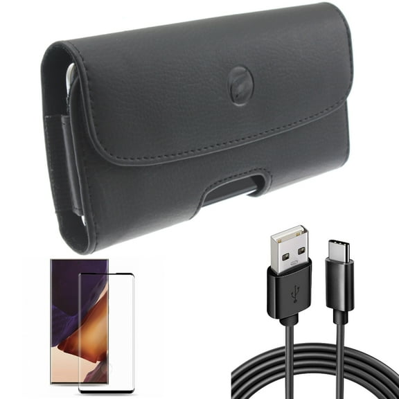 6ft USB Cable & Screen Protector & Case Belt Clip for Samsung Galaxy Note 20 Ultra (6.9") - Combo with Type-C Charger Cord & Tempered Glass (Fingerprint Unlock) & Leather Holster