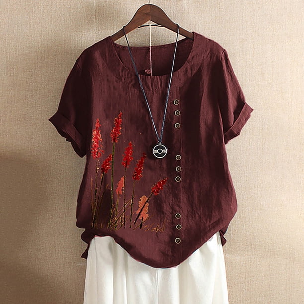 Puntoco Mujer Verano Casual Cuello Redondo Manga Corta Estampado De Flores Camisa Suelta Tops Puntoco Puntoco-1038