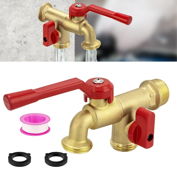 Brass Double Outdoor Water Faucet, 3/4 Inch Wall Mount – Rust & Frost-Proof Spigot with 3/4" NPT Male Inlet & Two 3/4" GHT Male Outlets for Garden Hoses, Home, and Balcony.
