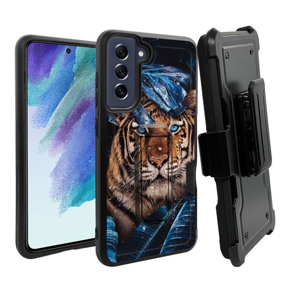 ANJ  Rugged Dual Layer Hybrid Holster Kickstand Case w/ Card Slot   Tempered Glass Cover for Samsung Galaxy S21 FE 5G - Hidden Tiger
