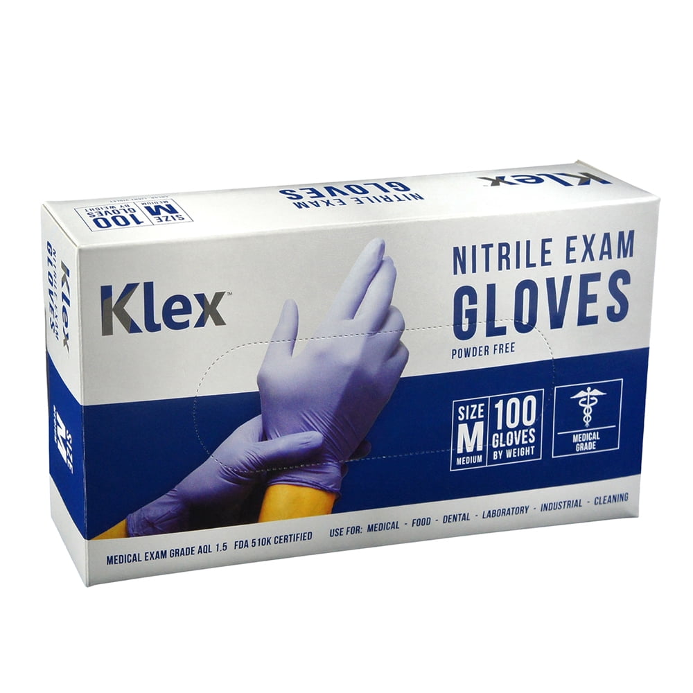 Klex Nitrile Medical Exam Gloves - 3.5 Mil Powder & Latex Free Food Safe, Medium, 100 Count