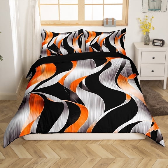 Erosebridal Geometric Stripes Comforter Cover Twin,Black Orange Bedding Twin Size,Spiral Swirl Duvet Cover Twin,Microfiber Boys Bedroom Decor(No Comforter),Reversible,3pcs