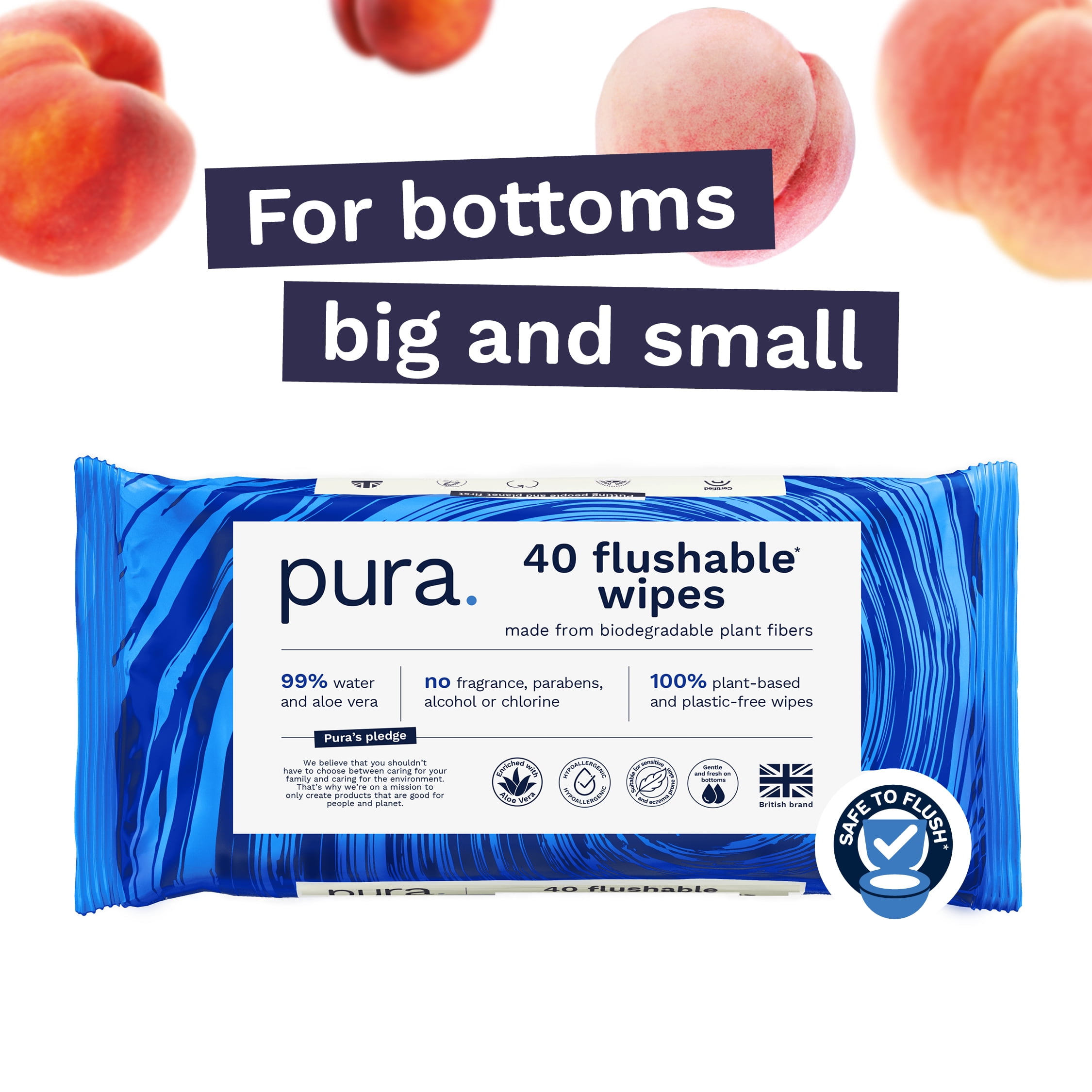 Pura Flushable Fragrance-Free Allergy UK Certified Toilet Wipes, 160 Count (Choose Your Count)