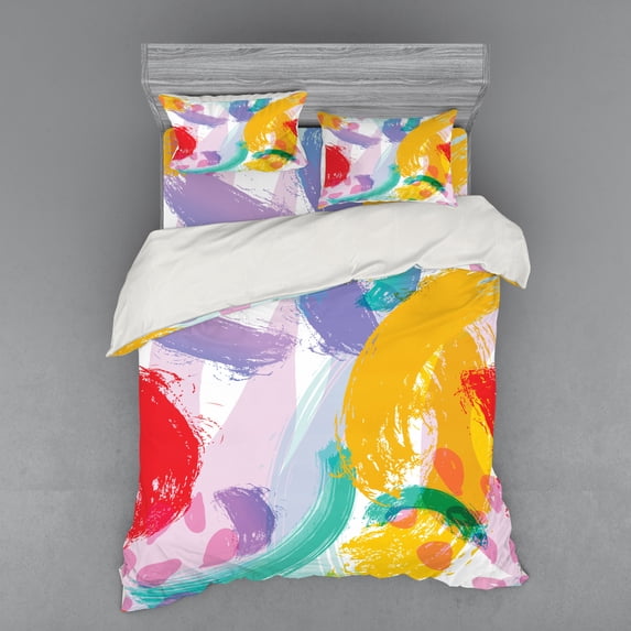 Abstract Duvet Cover Set, Watercolor Style Brush Strokes Pattern Curved Stripes Hand Drawn Illustration, Bedding Set with Shams and Fitted Sheet, 3 Sizes, by Ambesonne