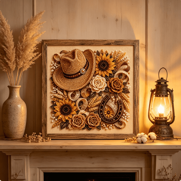 Western Charm Pearl Diamond Art DIY Kit - Complete Craft Set with Rustic Frame, Sparkling 3D Pearl Art