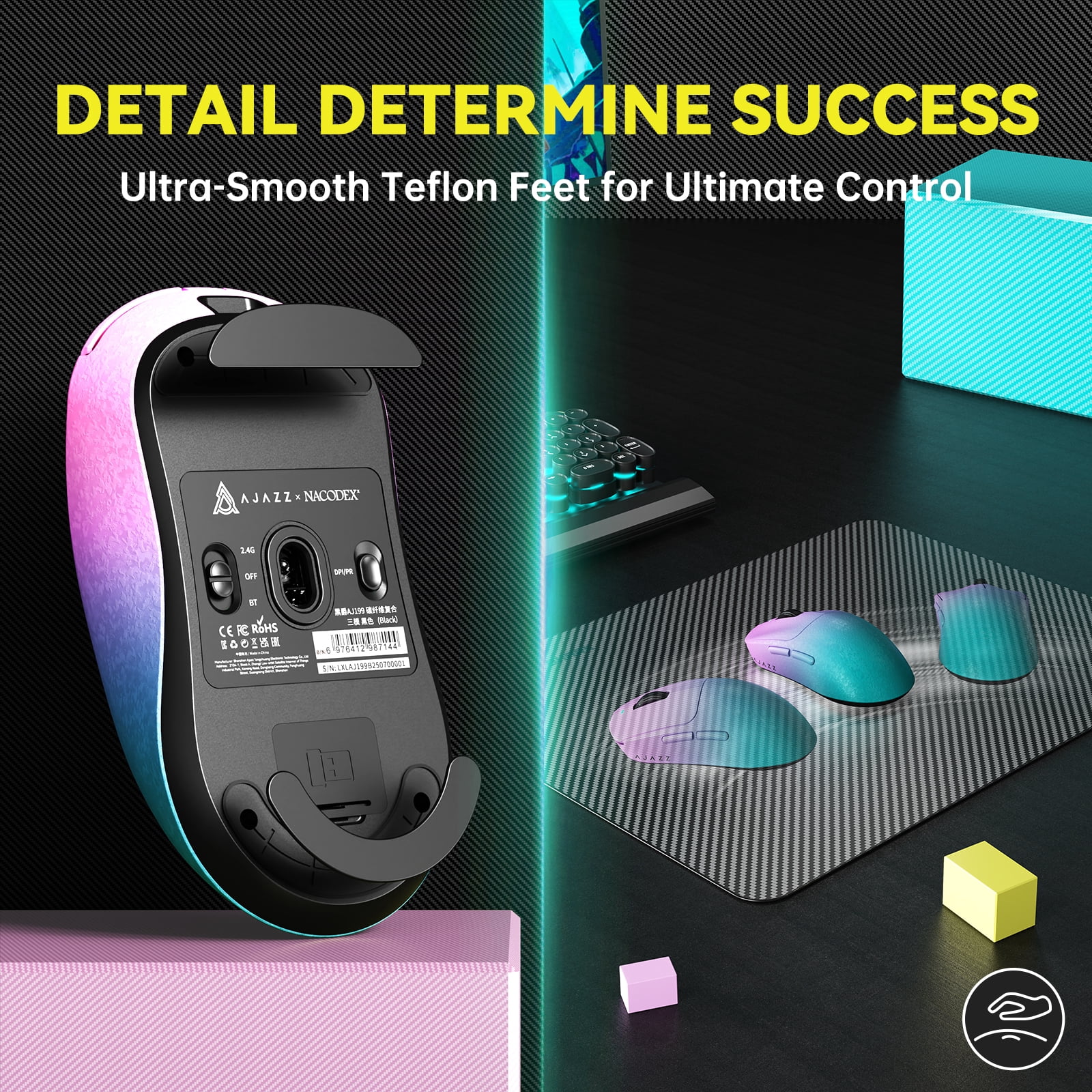 AJAZZ AJ199 Wireless Gaming Mouse, 58g Ultra-Lightweight Carbon Fiber Mouse, 24000 DPI PAW3311 Sensor, Tri-Mode 2.4G/Bluetooth/USB-C, 500mAh Rechargeable Gaming Mouse for PC, Mac, Laptop