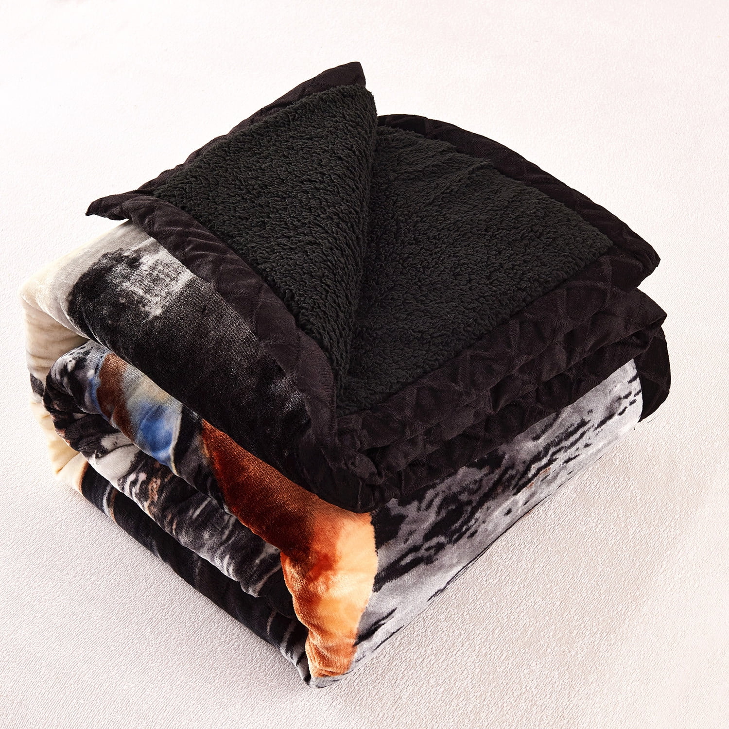 NC Warm Flannel Fleece Sherpa Blanket For King Bed 3 Piece,Printed Borrego Blanket,79"x91"