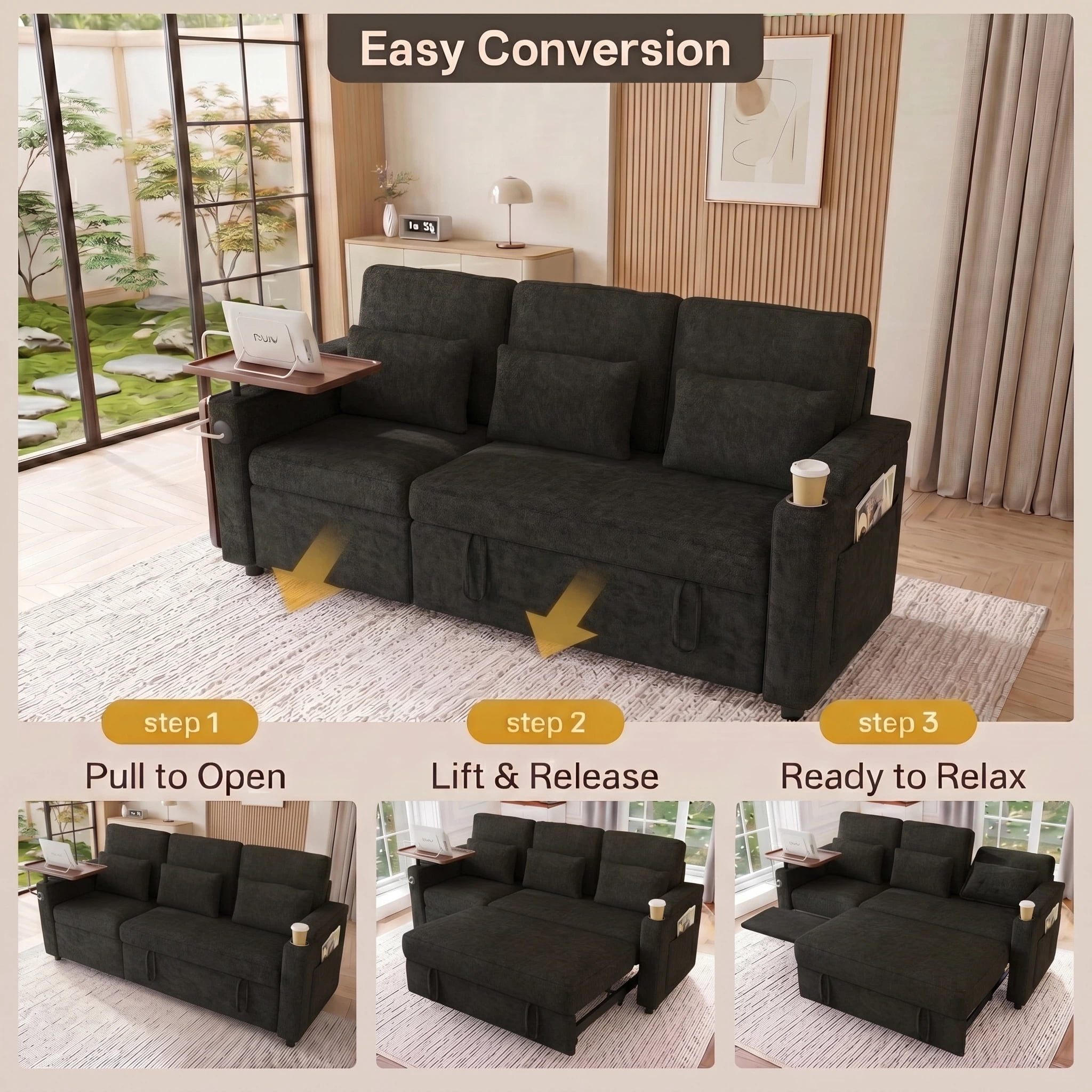 AISWORD 83" 3-in-1 Convertible Pull Out Sofa Bed, 6 Position Adjustable Sleeper Couch with USB Ports, Laptop Table, Cup Holders & Side Storage Pockets, Black