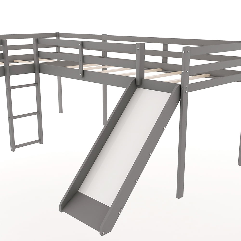 Kadyn L Shaped Loft Bed in Kid's Bedroom with Ladder and Slide, Gray Kadyn L Shaped Loft Bed in Kid's Bedroom with Ladder and Slide, Gray