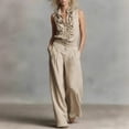 thumbnail image 7 of 2 Piece Linen Outfits for Women Sleeveless Ruffle V Neck Top & Wide Leg Pants Dressy Casual Vacation Sets (XL, Khaki), 7 of 7