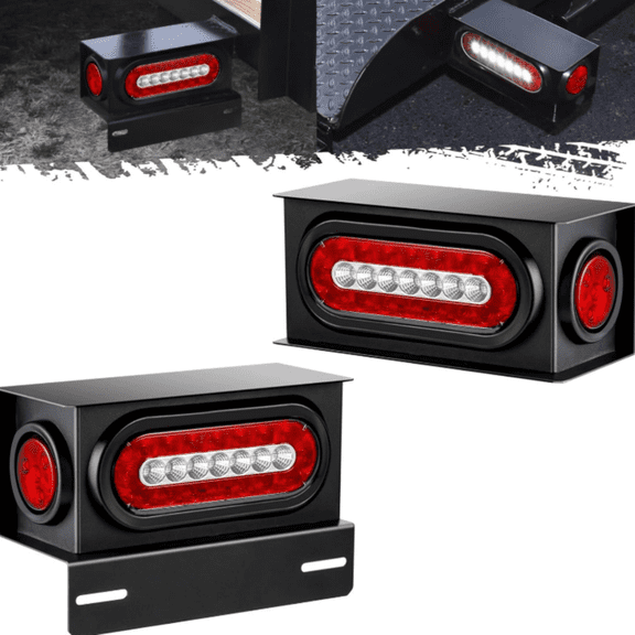 2Pcs Steel Trailer Light Boxes Housing Kit w/ 6" Oval Led Trailer Tail Lights with Reverse & 2" Red 4Led Round Side Marker Clearance Lights w/Grommets and wire connectors