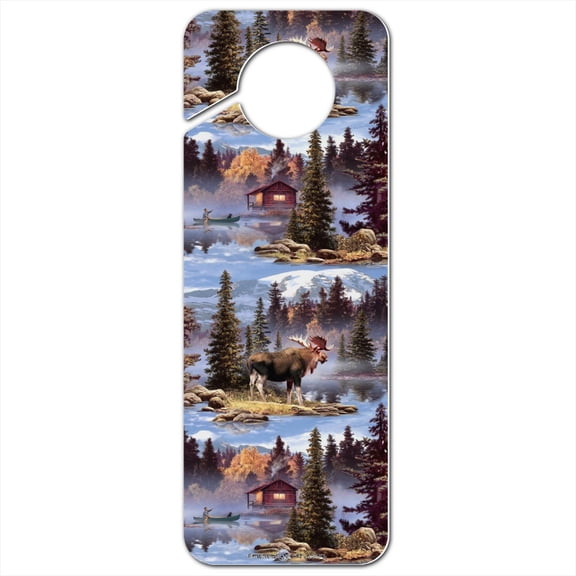 Moose Cabin Forest Woods Canoe Pattern Plastic Door Knob Hanger Sign