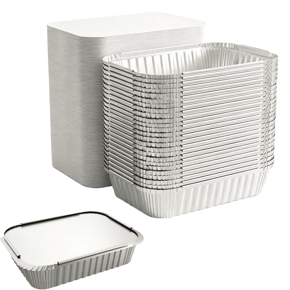 50-Pack Disposable Aluminum Foil Pans with Lids, 8.3x6.2 Inch 2.25LB To-Go Containers for Cooking, Baking, Catering & Meal Prep - Freezer & Oven Safe