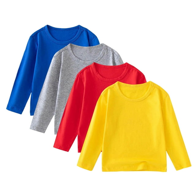 Floleo Ensemble T-Shirt à Manches Longues 4 Pcs pour Tout-Petits Garçons Filles, Doux et Confortable, Couleur Unie, Col Rond, Hauts Décontractés pour Tous les Jours, Multipack Tenue pour Enfants (Multicolore, 8 Ans)