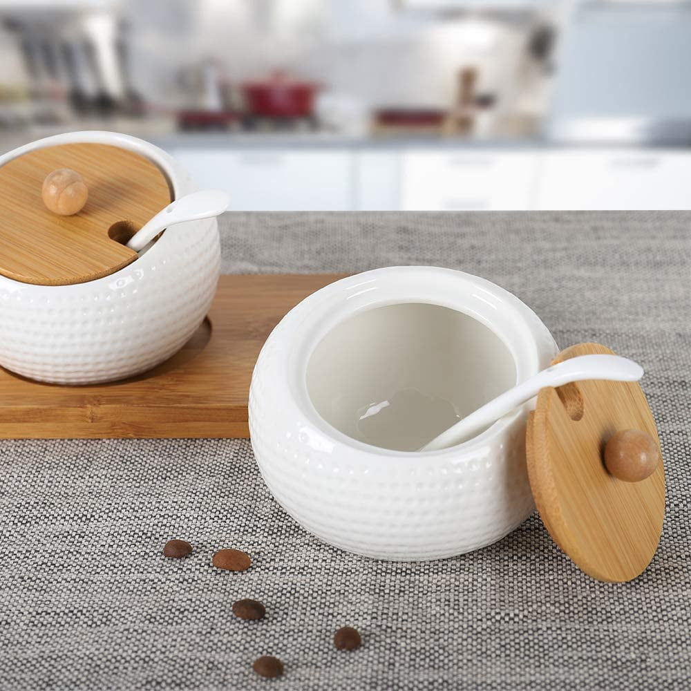 Spice Home Set of 3 Lecone Ceramic Sugar Spice Containers Porcelain Jar with Bamboo Lids Coffee Tray and Spoons Round Condiment Modern Design Porcelain Jar for Sugar Bowl Serving Tea