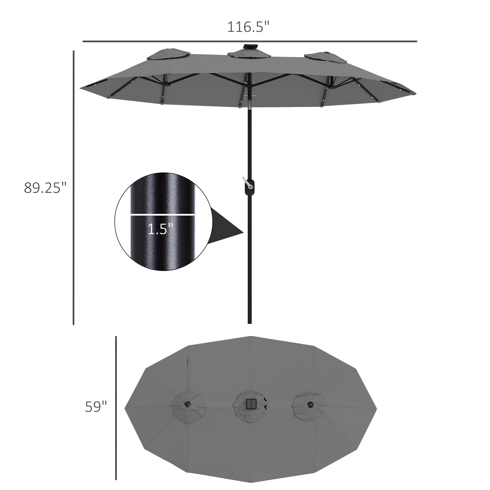 Outsunny 9.7' Double-sided Patio Umbrella with LED Solar Light, Tilt and Crank, Outdoor Umbrella, Gray