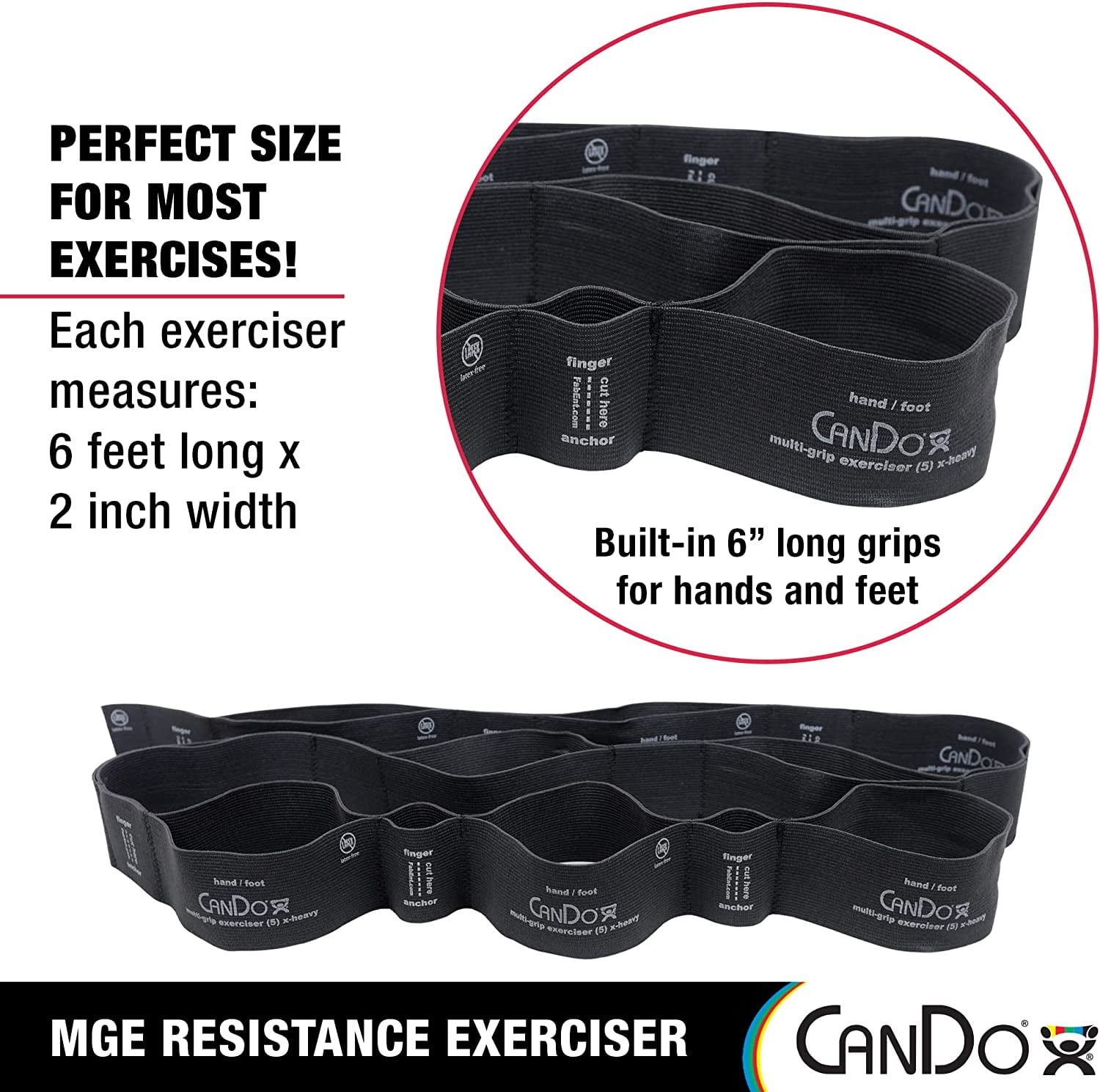 JJEAN-Multi-Grip 6 Foot Exercise Resistance Band with Hand/Foot Loops for Total Body Workouts, Training, Rehab, Stretching and Therapy