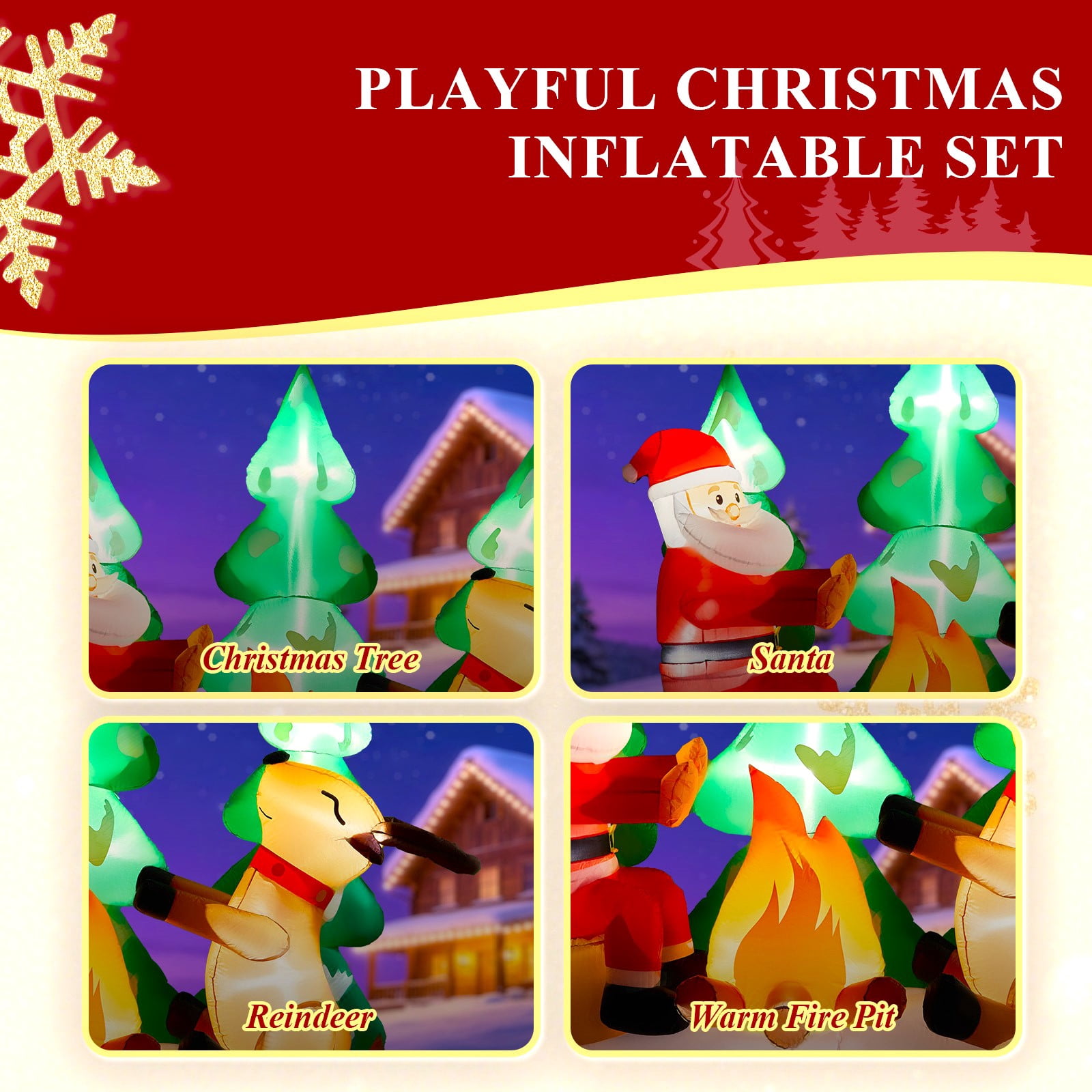 Astoutdoor Christmas Inflatable Decoration, Santa and Reindeer Around Campfire with Built-in LED Lights, 106.3 x 56.3 x 94.5 in