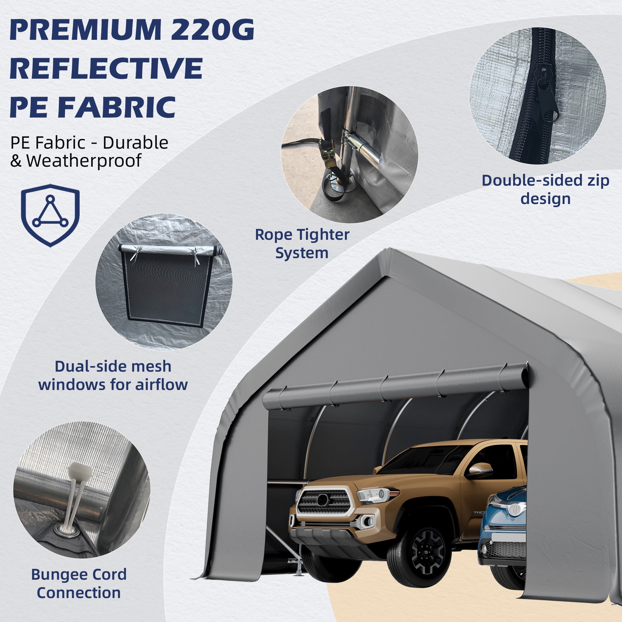Mellcom 20x20 ft Carport, Heavy Duty Carports and Shelters with Galvanized Steel Frame and Waterproof 3-Layer PE Cover, Fits 2 Cars, Boat, Farm Equipment, Silver Gray