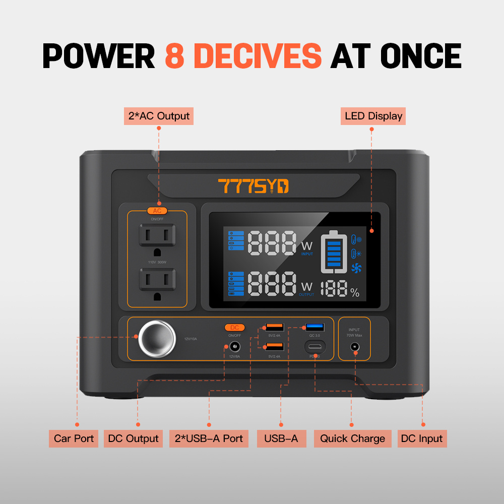 300W Portable Power Station Solar Powered Generator with AC DC USB 3 Ports