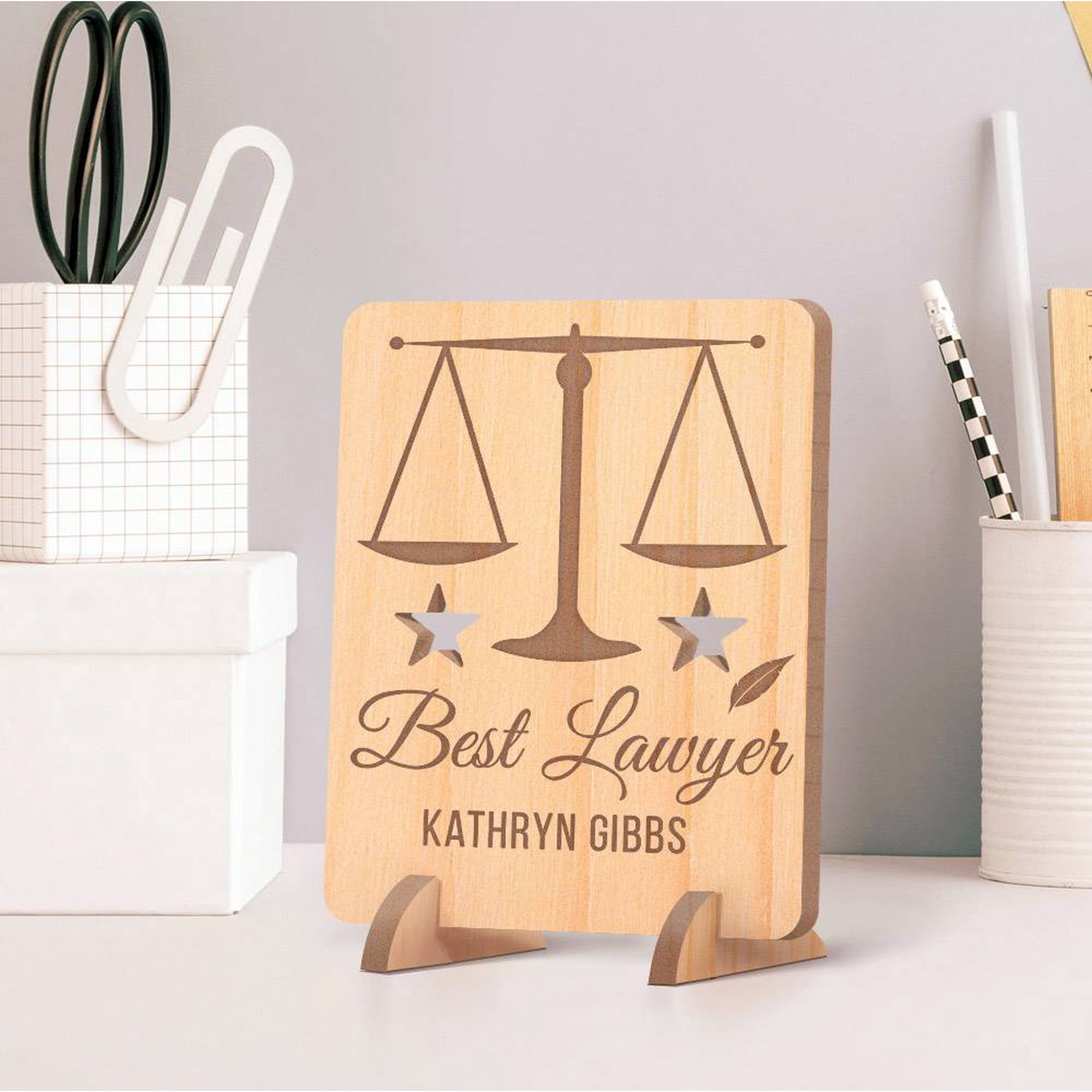 Personalized Best Lawyer Wooden Gift Card feat a Weighing Scale