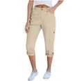 thumbnail image 2 of Women's Cargo Capri Pants High Waisted Relaxed Fit Casual Summer Cropped Trousers Elastic Knit Loose Cuffed Hem, 2 of 7