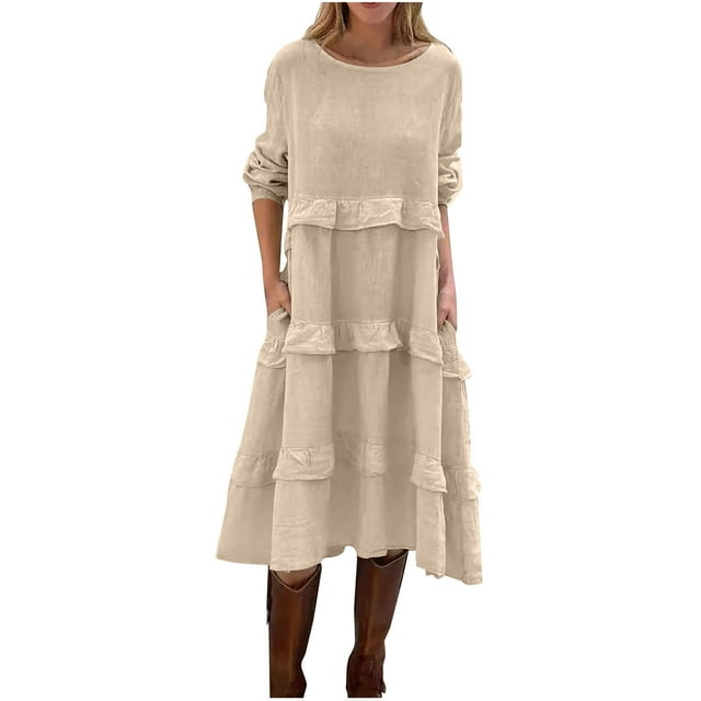 hotojiny Robes à Manches Longues pour Femmes Printemps Coton Lin Col Ras du Cou Fluide Robe Trapèze Ample Vintage à Volants Superposés Ourlet Robes Midi