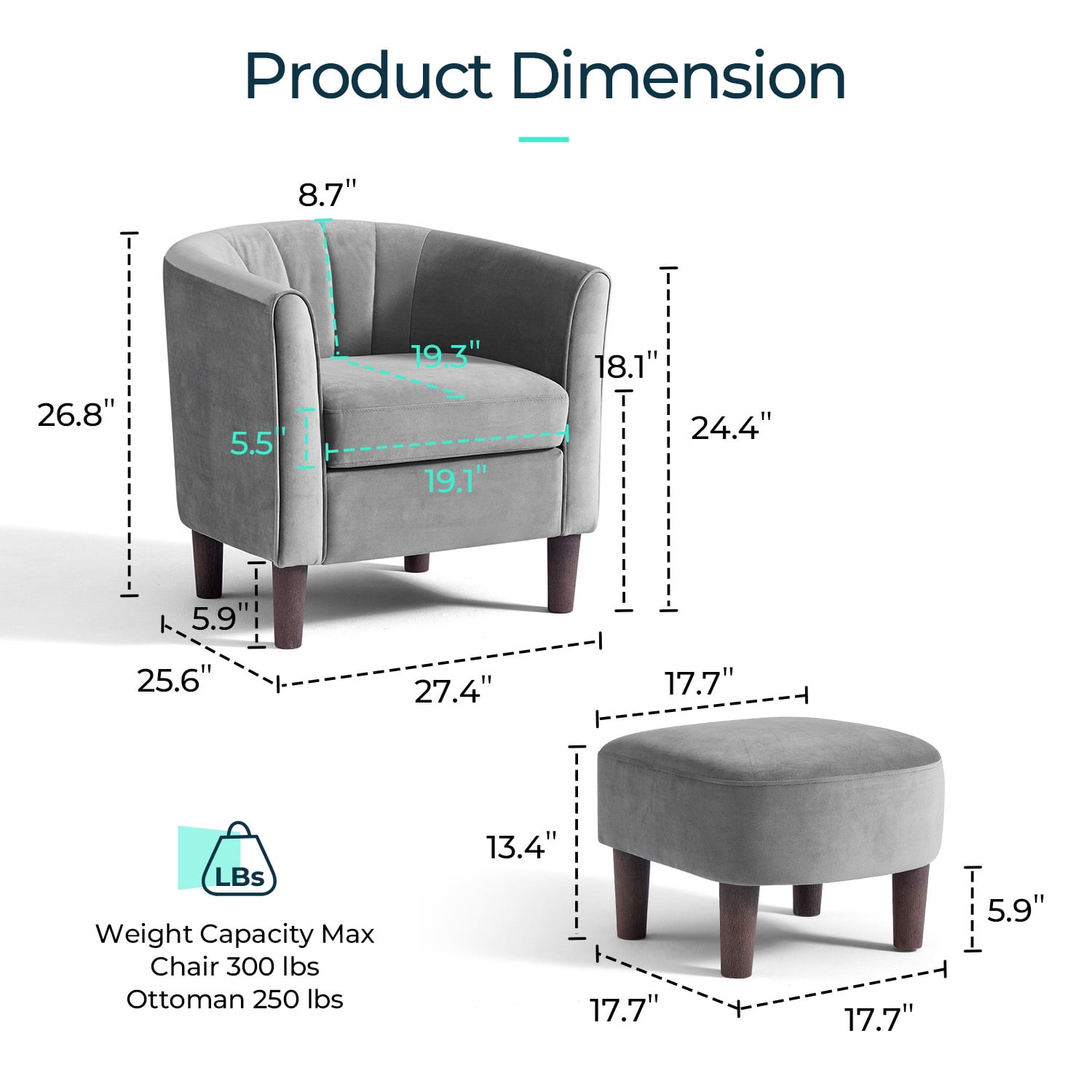 LINSY HOME Velvet Accent Chair with Ottoman for Living Room, Light Grey