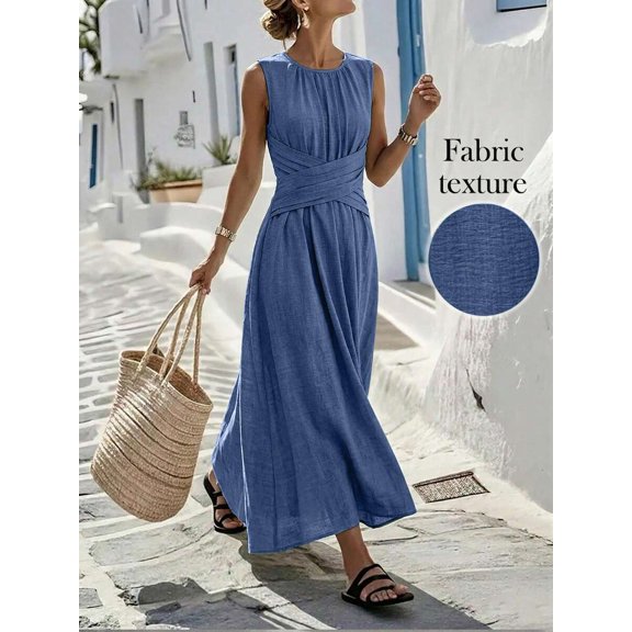 Blue Sleeveless Criss-Cross Waist A-Line Maxi Dress, Casual Summer