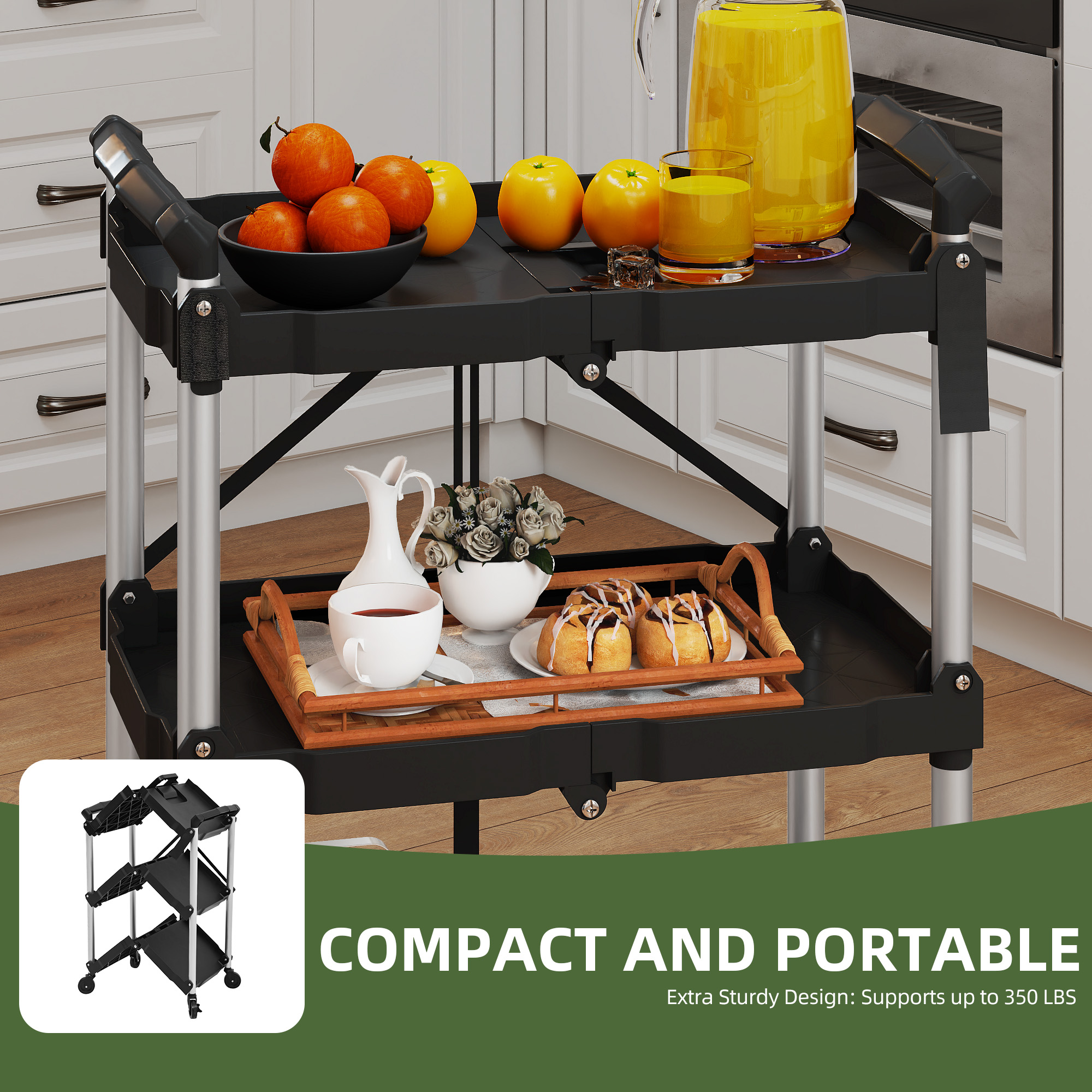 Uforic 3-Tier Collapsible Utility Cart with 360° Swivel Wheels, 115 lb Load Capacity per Shelf, Portable for Home and Office
