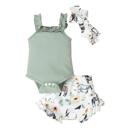 

Qtinghua Western Baby Girl Outfits Strap Sleeveless Romper Tops Cow Print Shorts Headband 3Pcs Summer Clothes