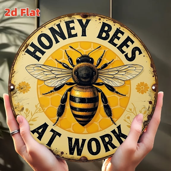 "Honey Bees at Work" Round Aluminum Sign - Vintage Distressed Honeycomb Wall Decor, 1pc, 8" Wall Art Metal Sign, For Porch, Gardene, Room, Home, Ideal Gifts, Weather, 2D Flat