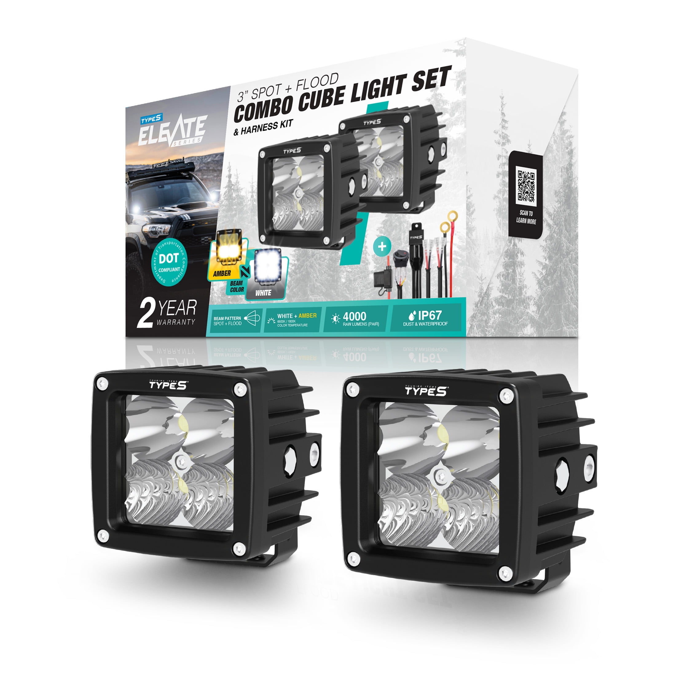 TYPE S - Elevate 3 Inch Spot + Flood Combo Beam Cube Pod Light Set
