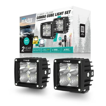 TYPE S - Elevate 3 Inch Spot   Flood Combo Beam Cube Pod Light Set and Harness Kit - DOT Compliant - 4,000 Total Raw Lumens, Waterproof, Die-cast, Off Road Lights, Truck, Jeep, UTV, ATV, SUV, 2 Pack