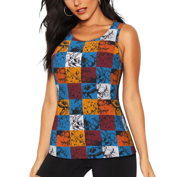 Fotbe colorful plaid Dinosaur Blusas Sin Mangas para Mujer – Estilo Casual, Corte Suelto, Slim-Fit, Cuello Redondo Deportivo, Tops de Verano para Gimnasio y Yoga-Large