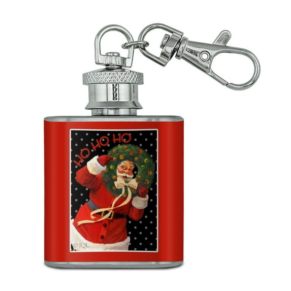 Christmas Holiday Santa Ho Ho Ho Wreath Stainless Steel 1oz Mini Flask Key Chain
