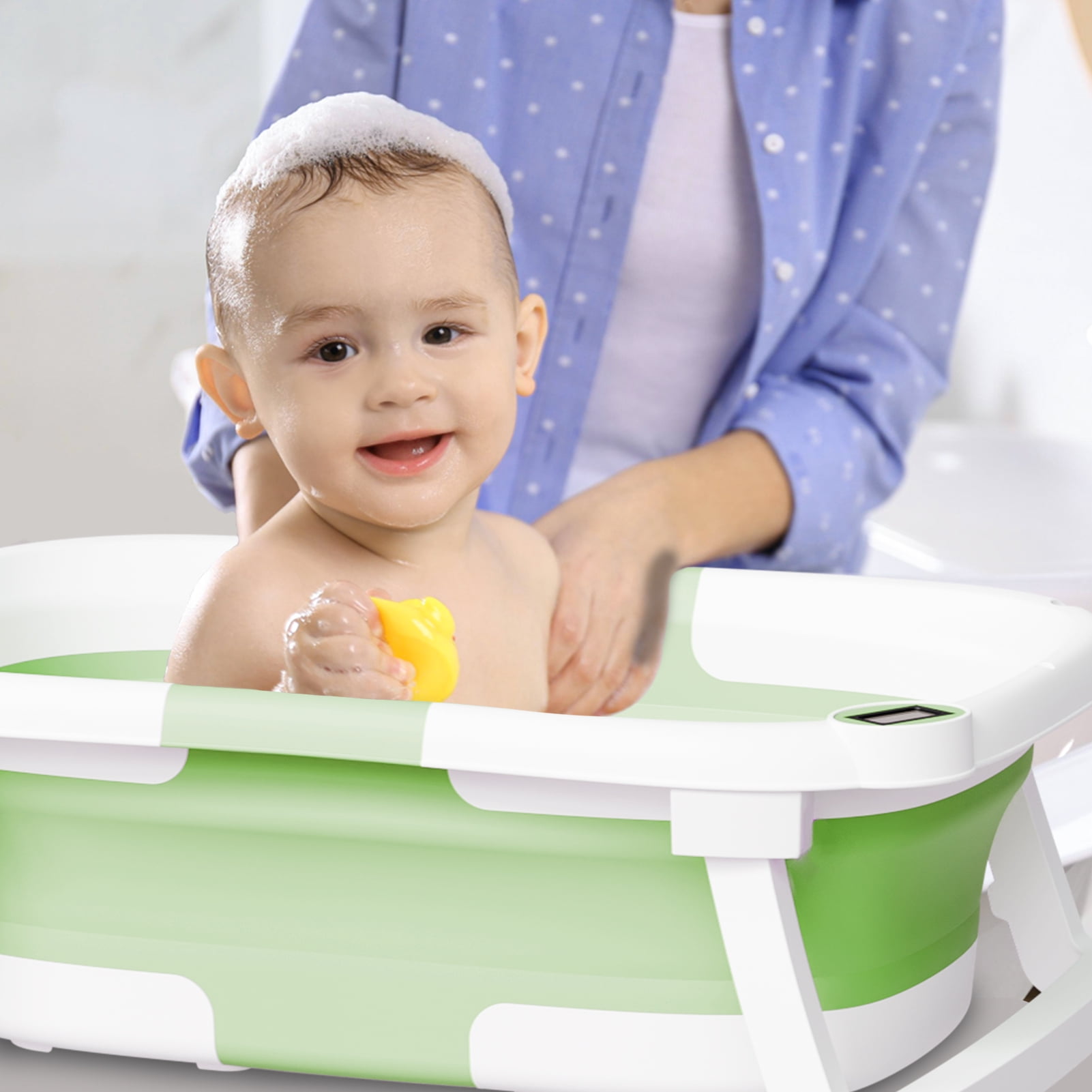 Aprpink Foldable Baby Bathtub PP+TPE with Soft Bath Net&Thermometer for 0-36 Months Toddler Green