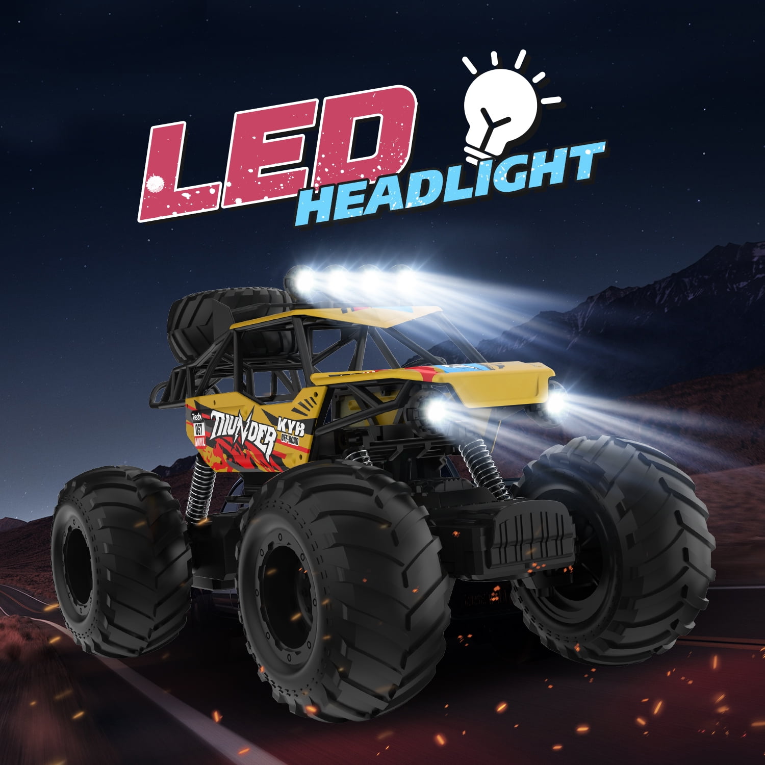 JoyStone 1:10 RC Cars for Kids , 2.4Ghz RC Monster Truck with Light, 2 Batteries, 60+ Mins, Off Road Vehicle for Adults, Yellow