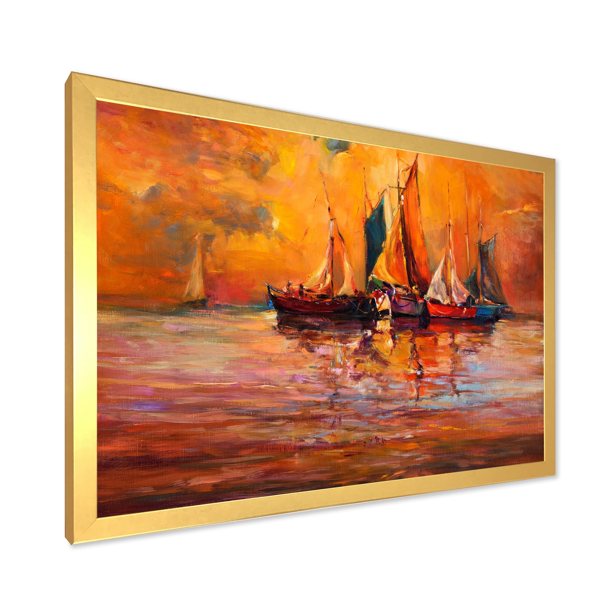 Boats During Evening Sunset In The Ocean I 32 in x 16 in Framed Painting Canvas Art Print, by Designart