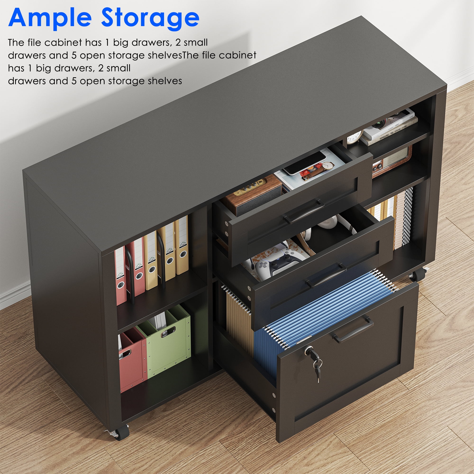 Modfurne 3 Drawer Wood Mobile Large lateral File Cabinet, Lockable Rolling Filing Cabinet, Printer Stand Home Office Storage Fits Files Legal/A4 (Black)