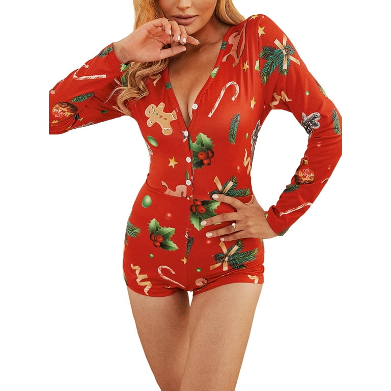 Sunisery Womens Christmas Romper Pajamas Printed Bodycon Jumpsuit Shorts  Pjs Overall New Year Wear Sleepwear Red XL 