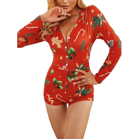

Women s Christmas Printed Pajama Oneseies Bodycon Jumpsuit Playsuit Sleepwear Leotard Xams Rompers